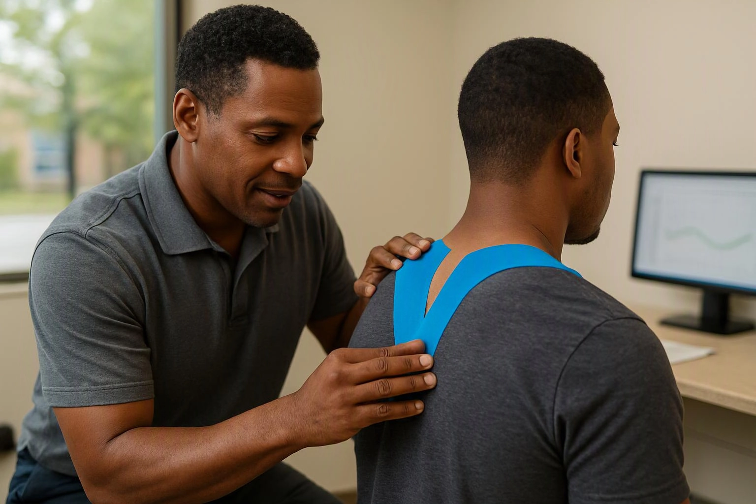 A man gently examines another man’s upper back with blue kinesiology tape in a bright office