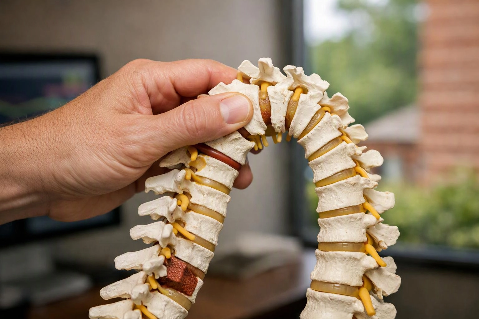 A hand holds a flexible model of a human spine in a room with a window in the background