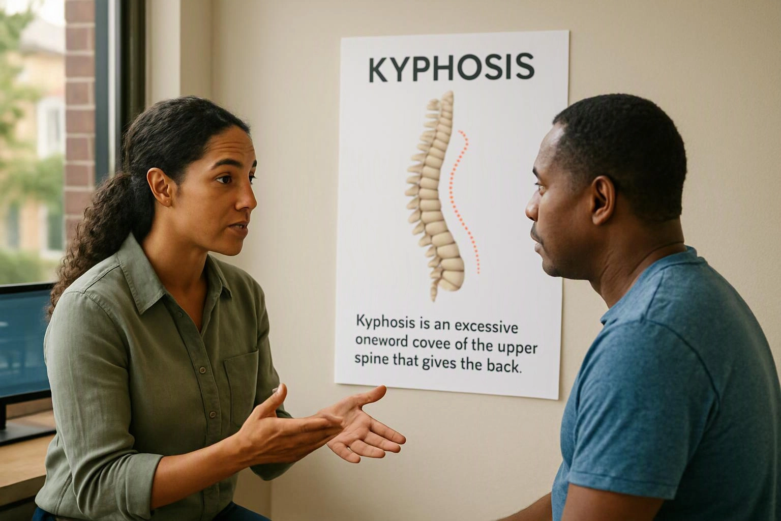 A woman talks to a man beside a kyphosis spine poster in a bright office room