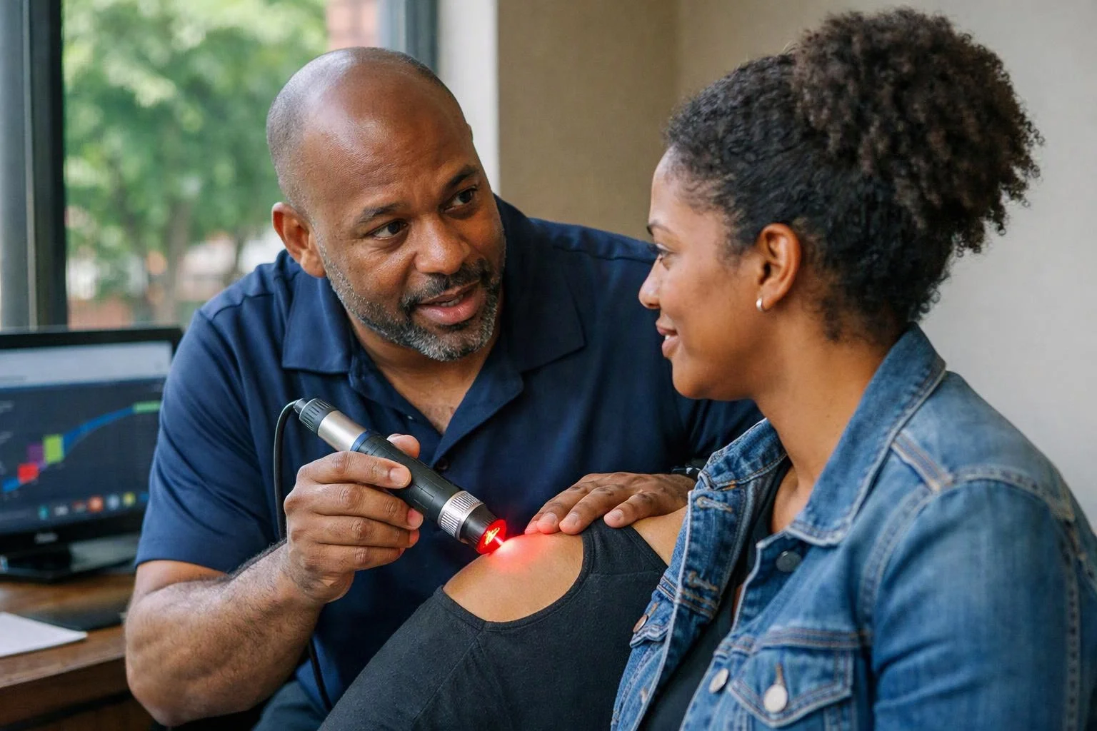 A man examines a woman’s shoulder with a handheld red light while they sit indoors beside a computer monitor