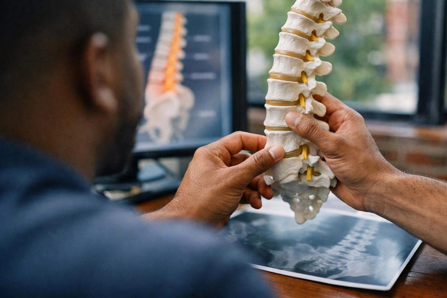 A person holds a spine model while looking at a medical image on a desk monitor
