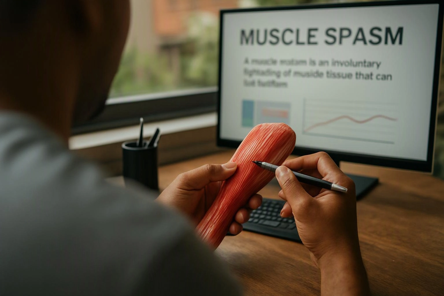 A person studies a red muscle model while a screen behind shows “MUSCLE SPASM” and a chart
