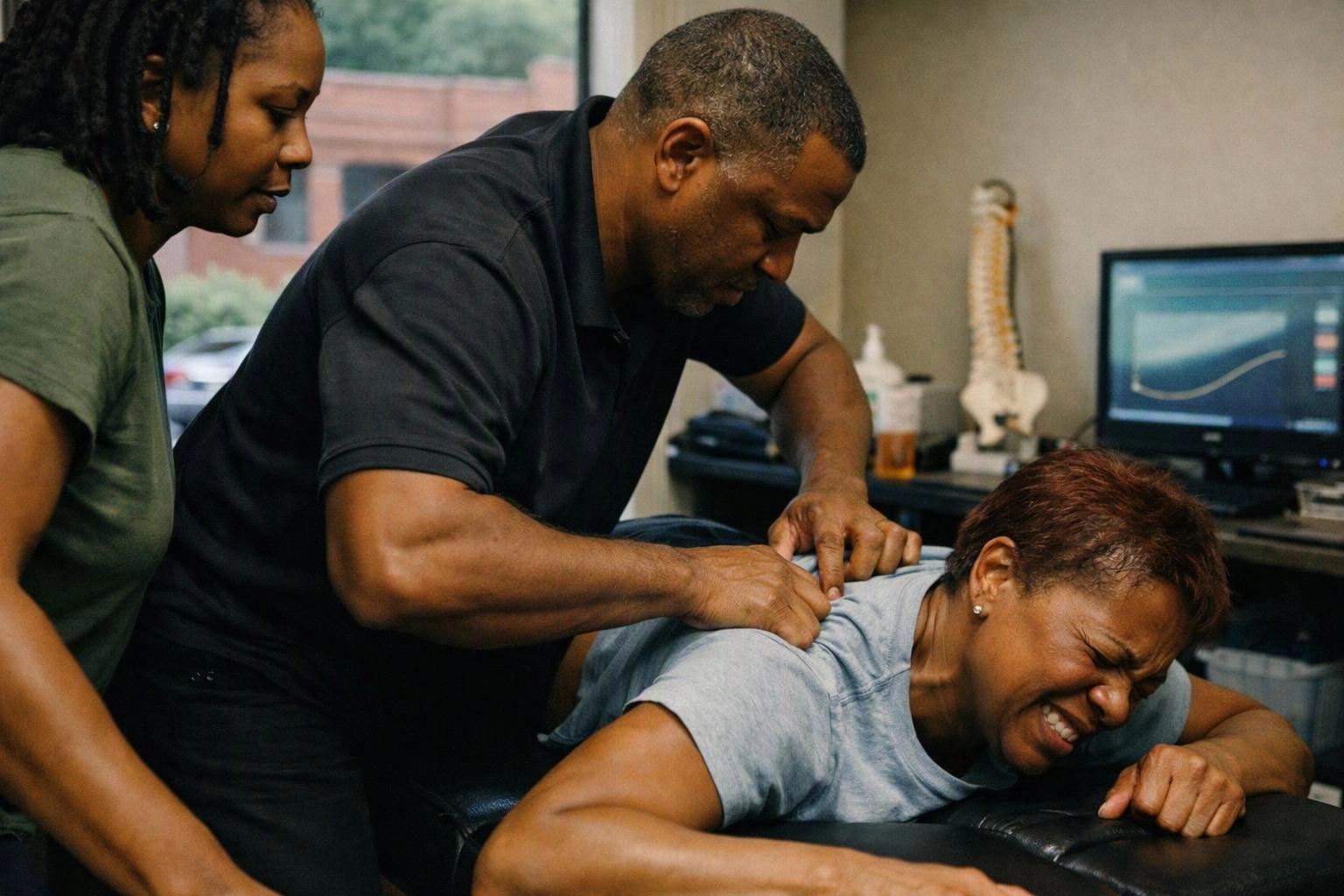 A chiropractor presses a patient’s back while another woman watches in a clinic room