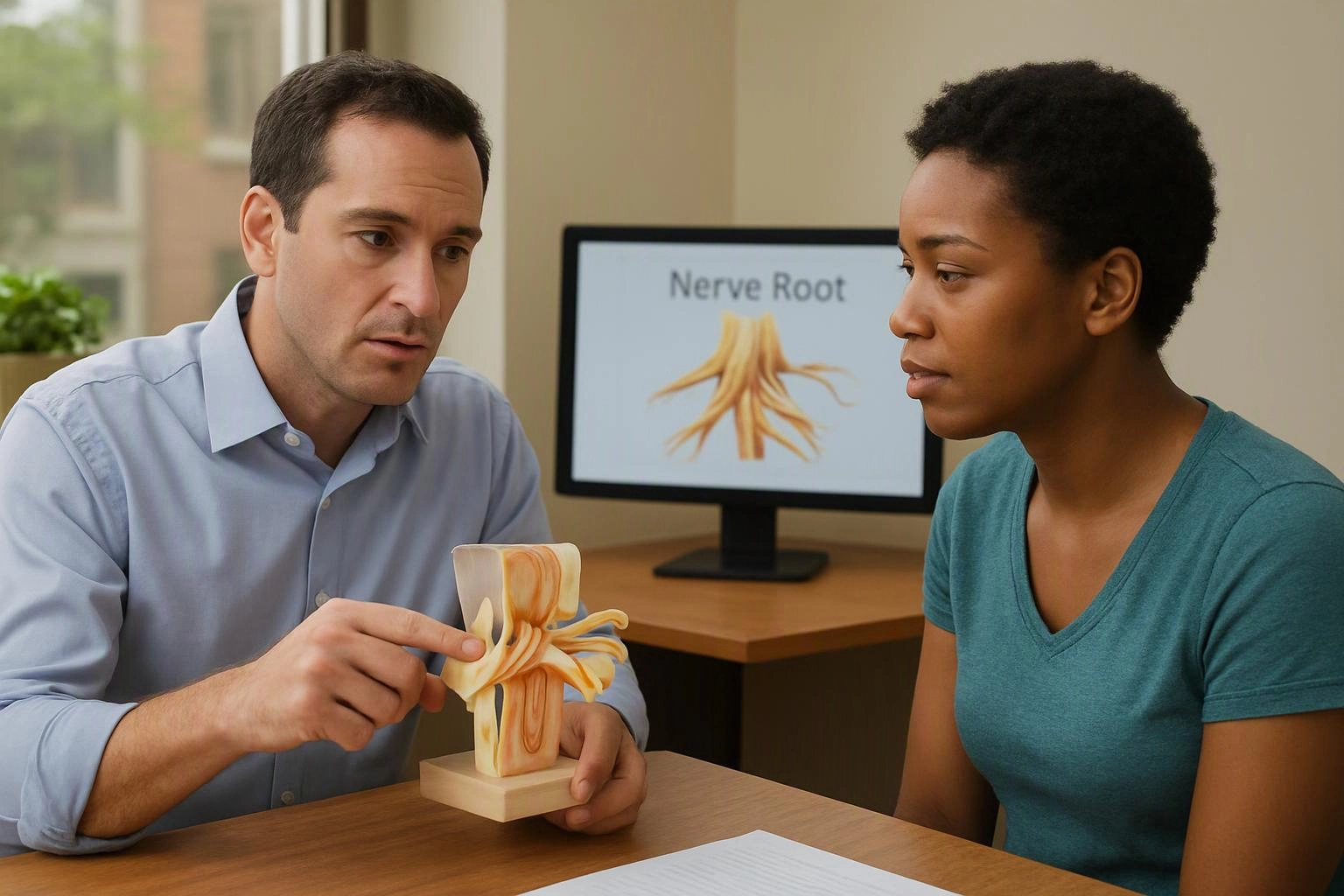 A man points to a spine model while speaking to a woman beside a monitor labeled "Nerve Root"