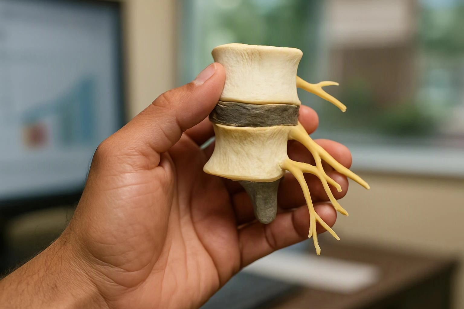 A hand holds a small model of a spine vertebra with yellow nerve branches against a blurred indoor background