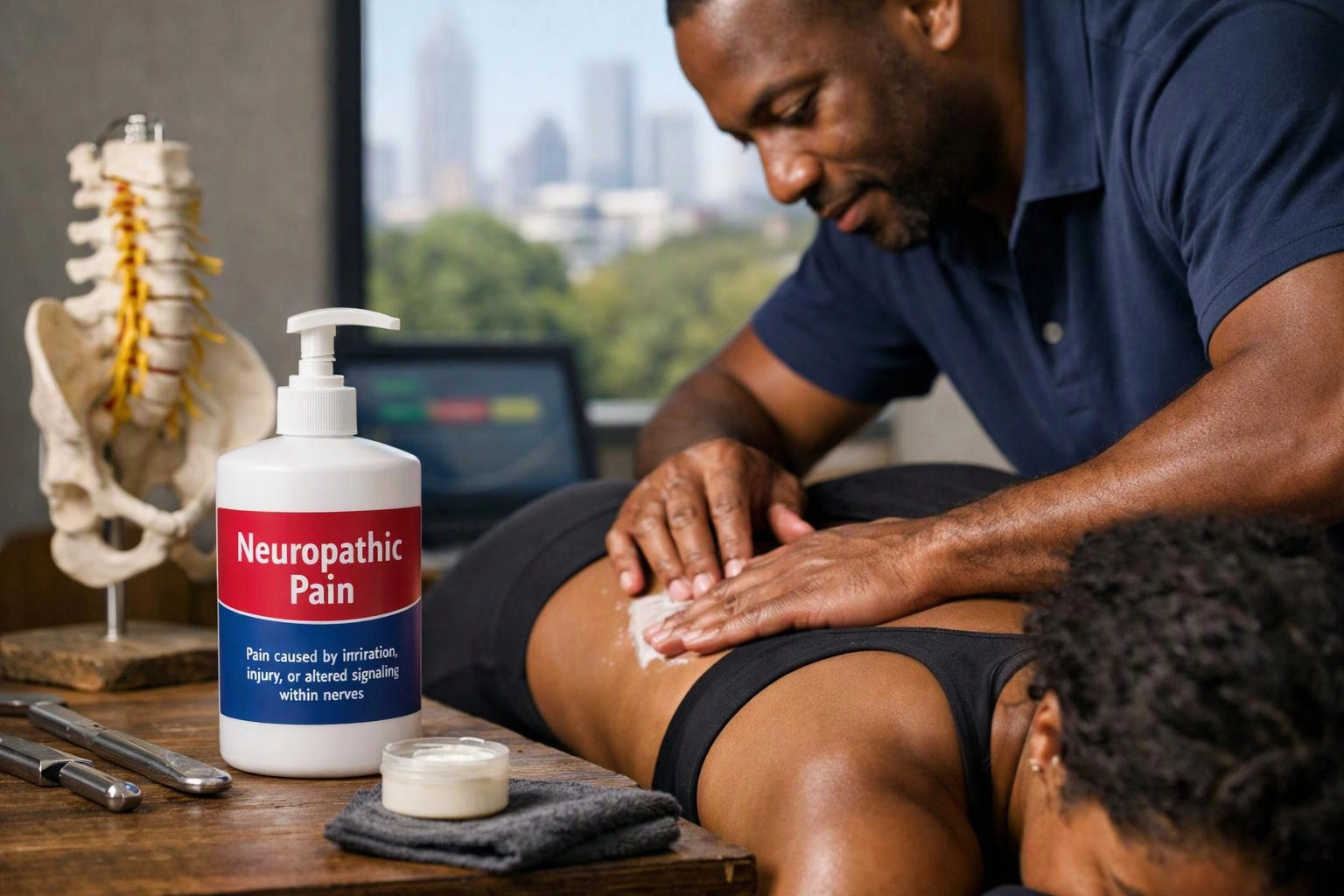 A man massages a woman’s lower back beside a bottle labeled “Neuropathic Pain” in a clinic room