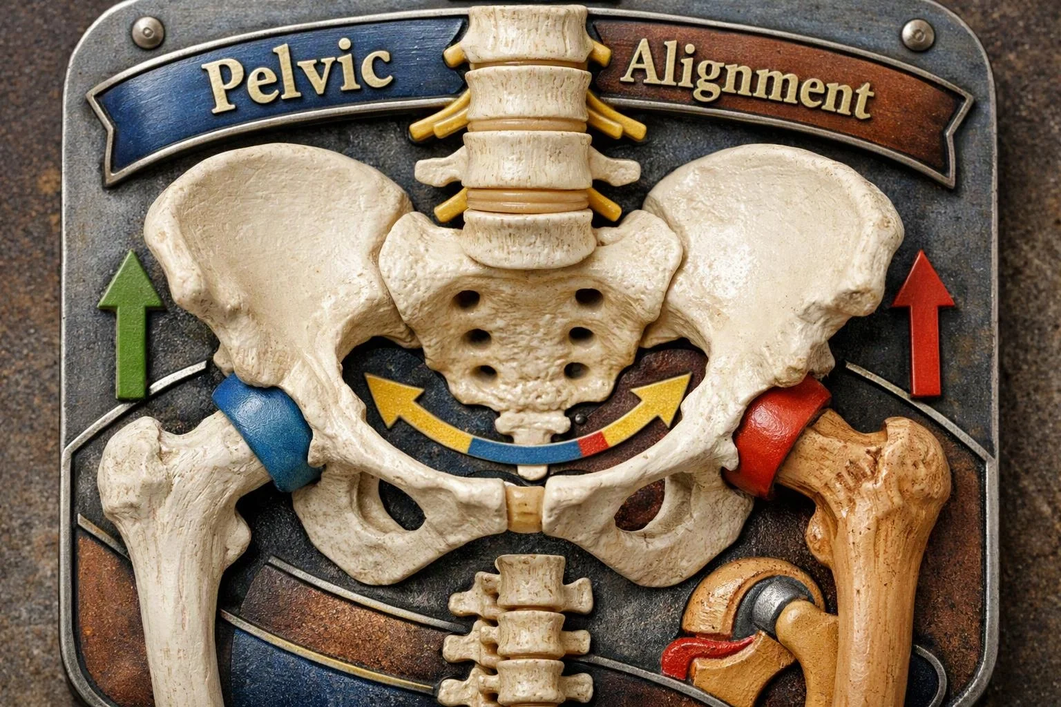 A medical illustration shows a pelvis, spine, and hip joints with arrows around the bones and the words “Pelvic Alignment”