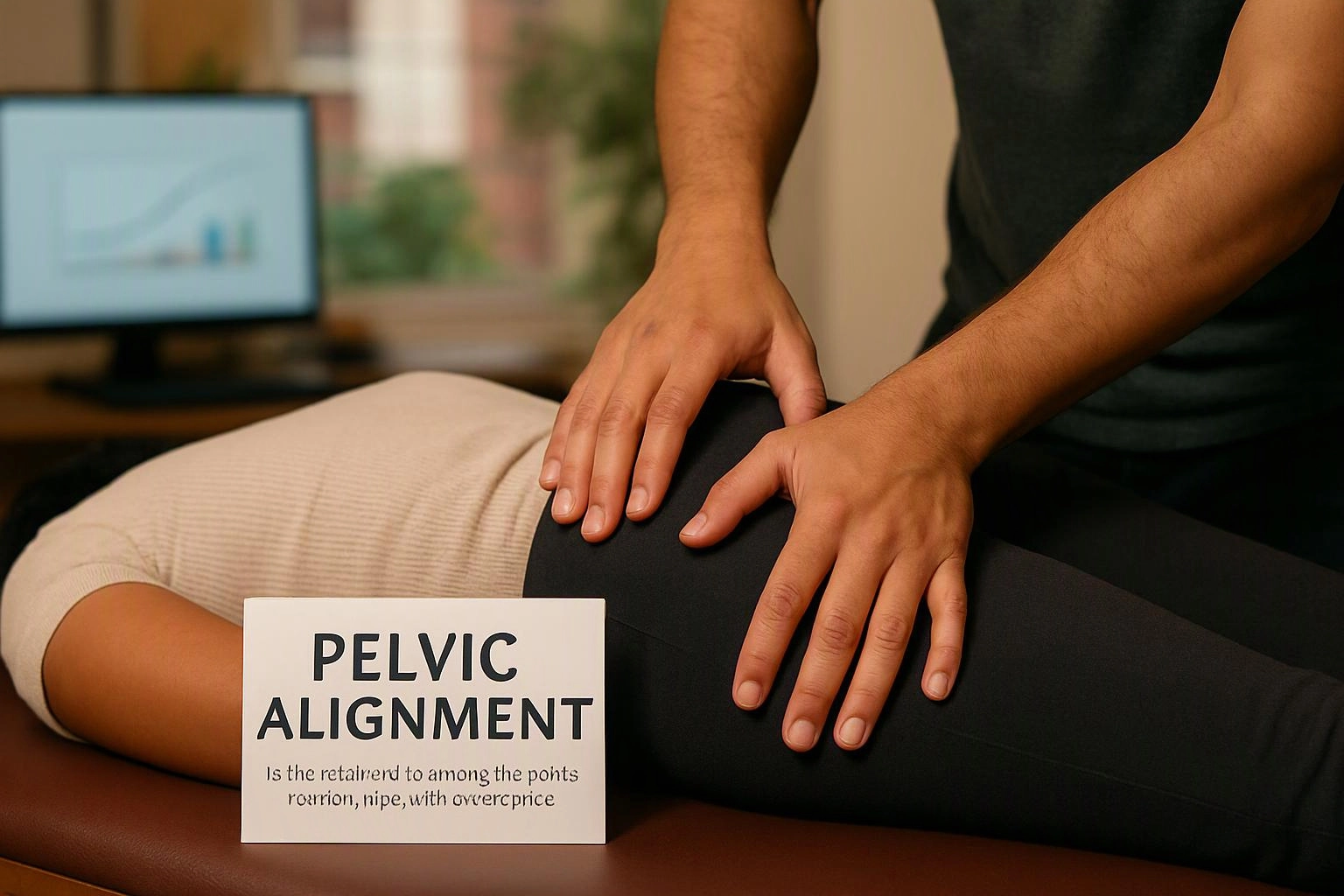 A person receives a pelvic adjustment on a treatment table, with a blurred monitor in the background