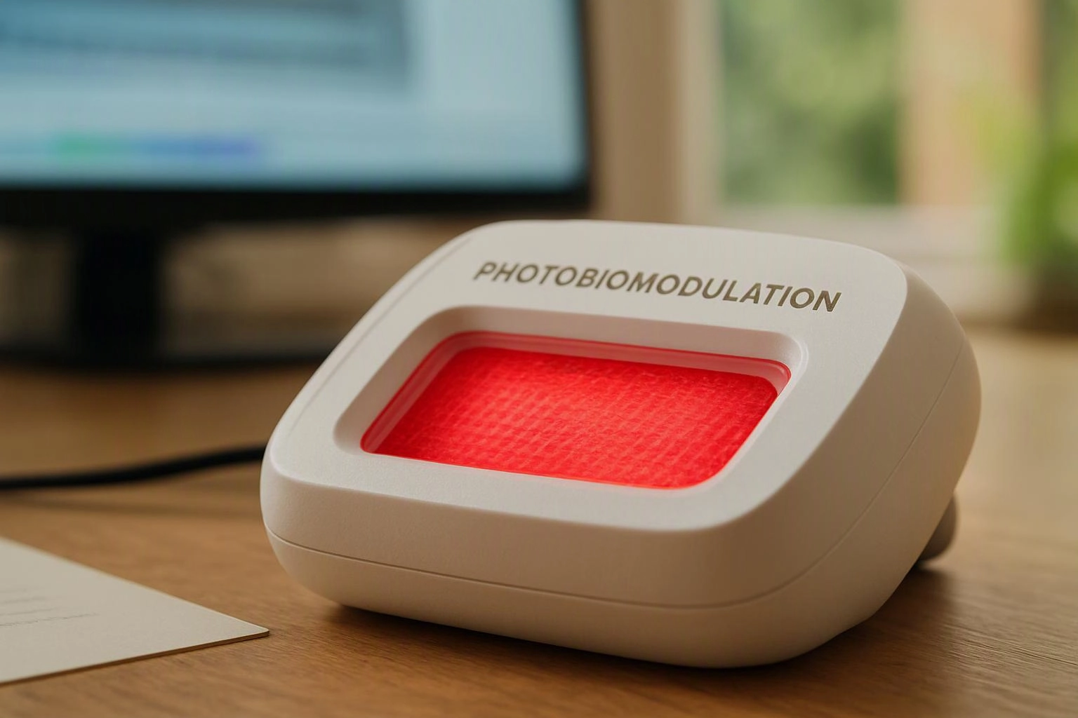 A white photobiomodulation device glows red on a wooden desk near a blurred computer screen