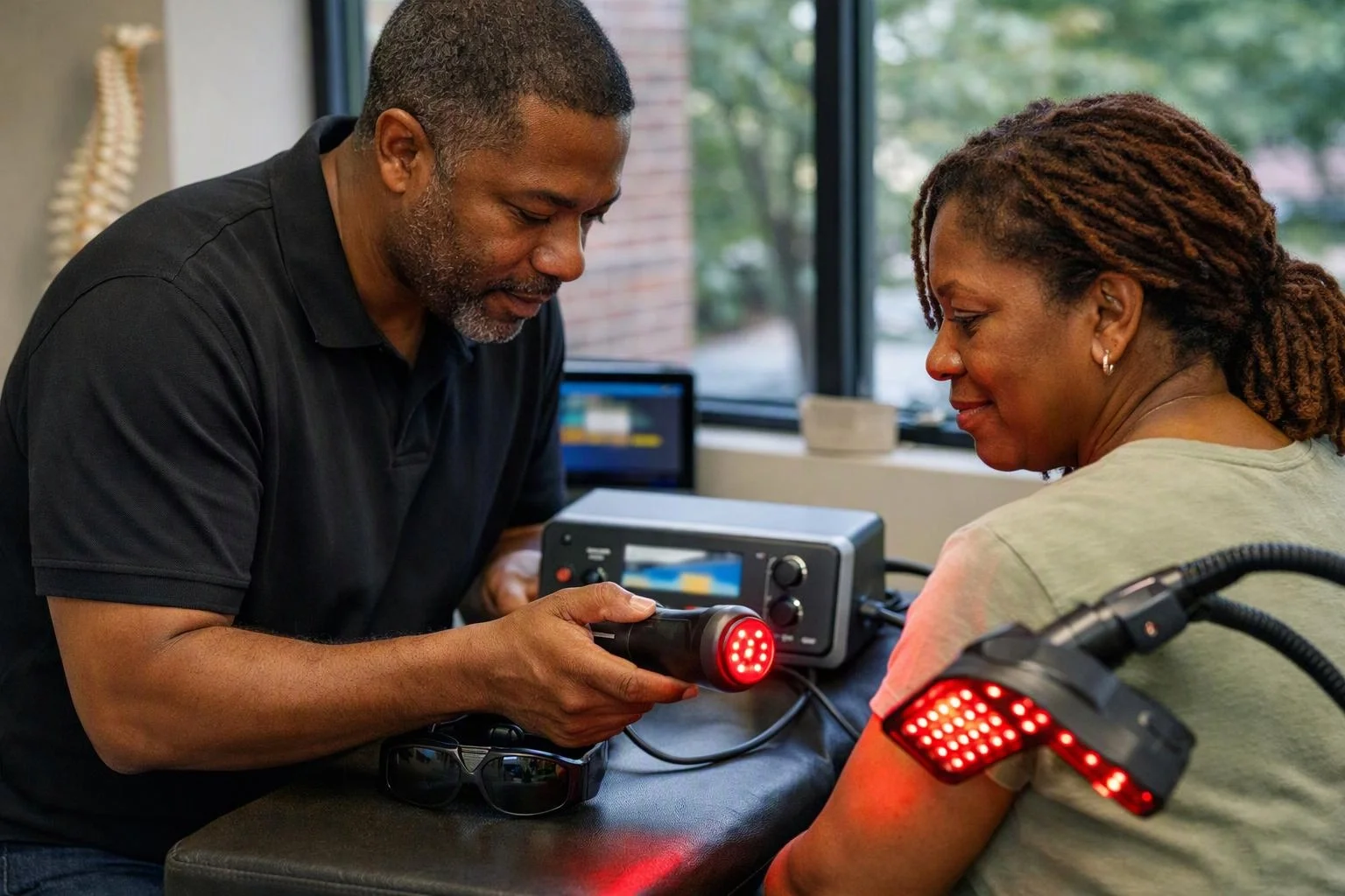 A man examines a woman’s arm with a glowing handheld device in a bright clinic room
