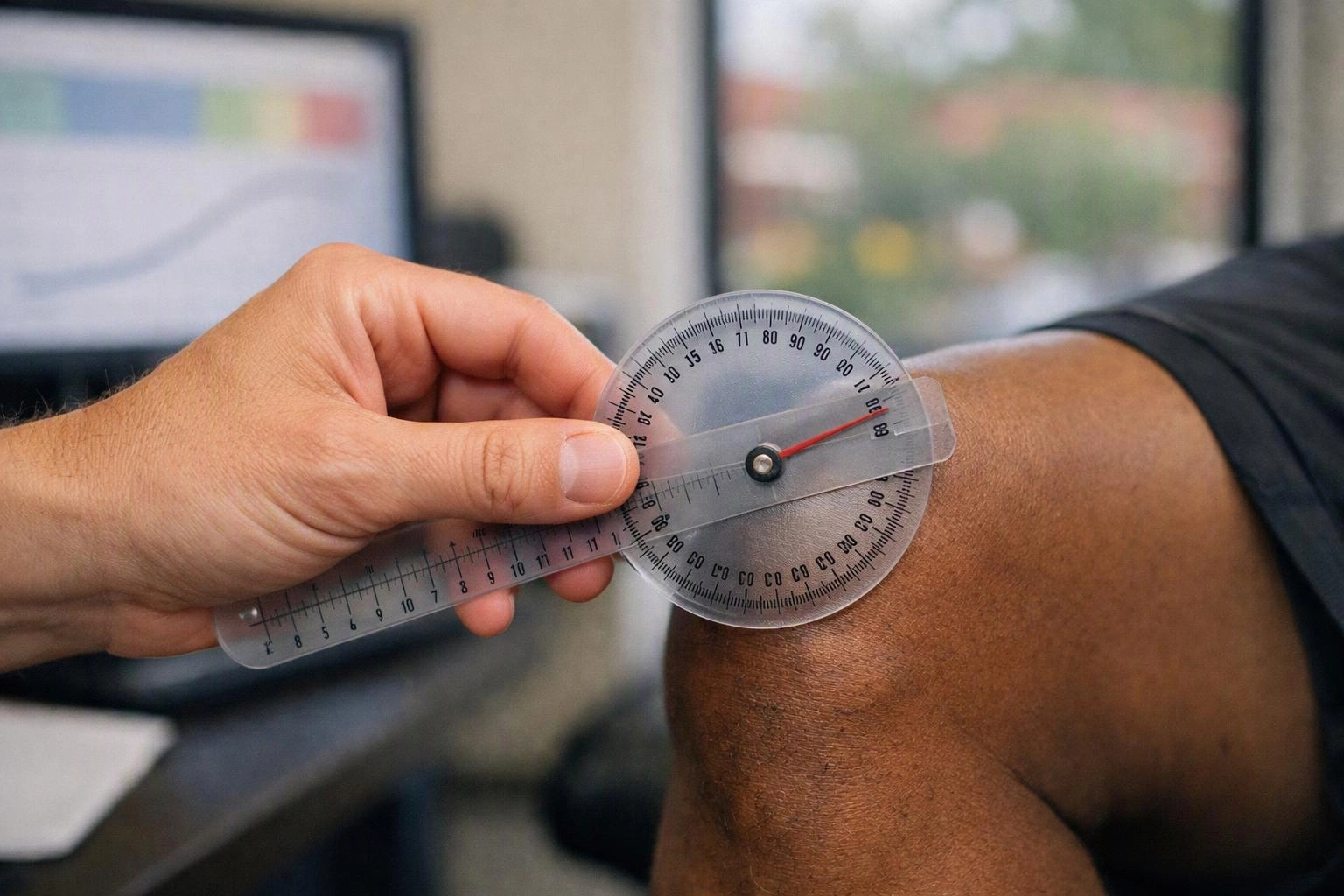 A hand measures a bent knee with a plastic goniometer in a clinic room