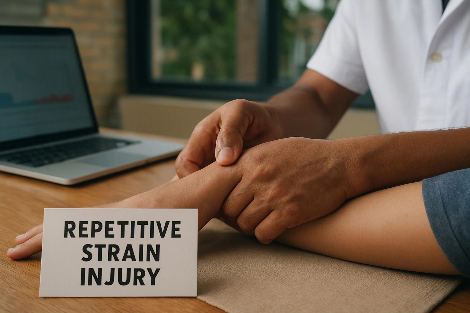 A person massages another person’s wrist beside a laptop, with a card reading “REPETITIVE STRAIN INJURY” on the table