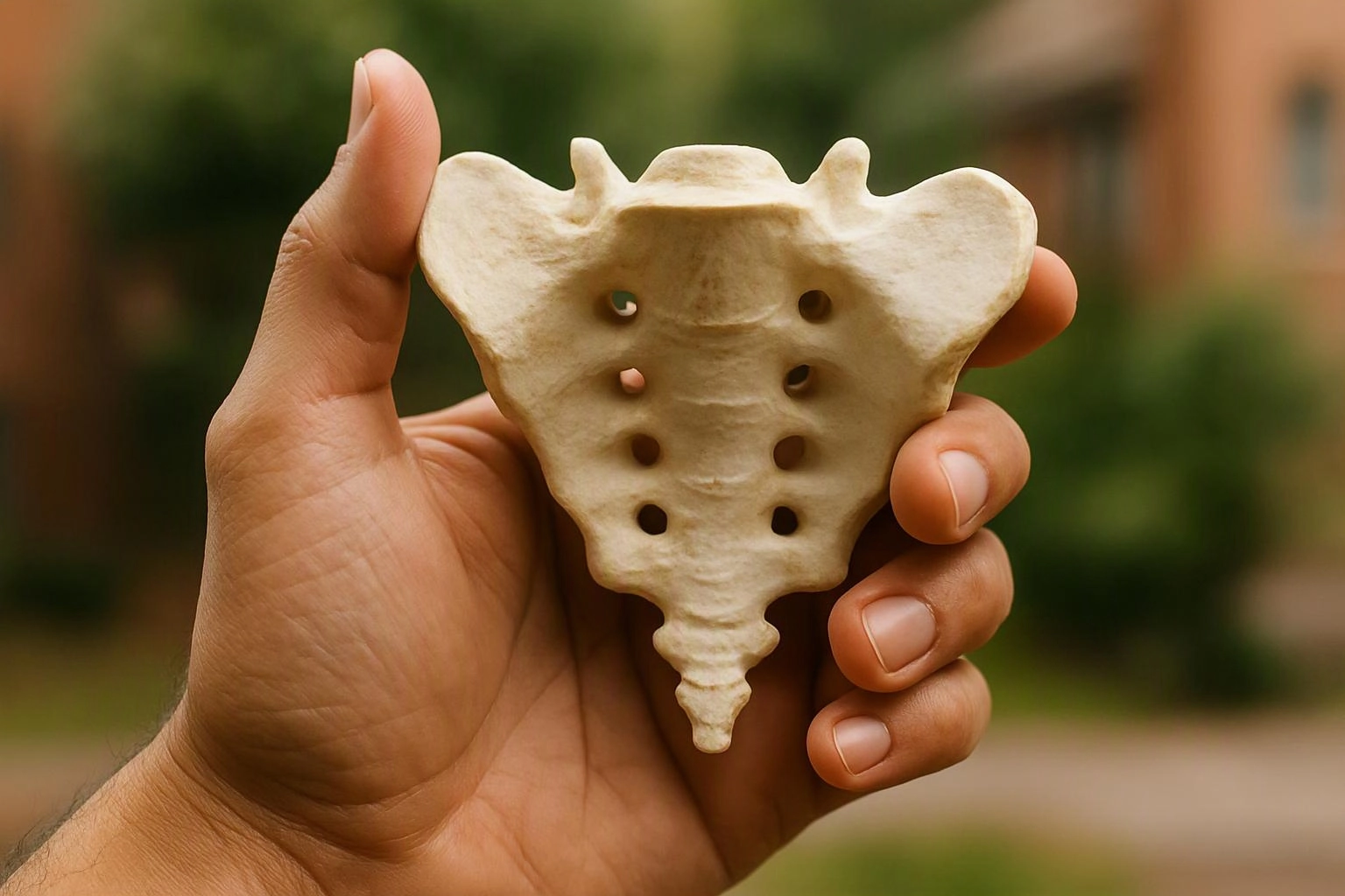 A hand holds a small pale bone-shaped object with holes against a blurred outdoor background