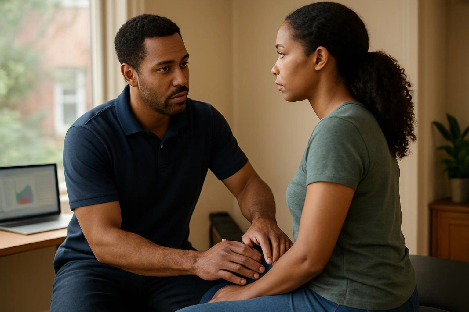 A man sits facing a woman and gently holds her knee in a quiet room with a laptop nearby