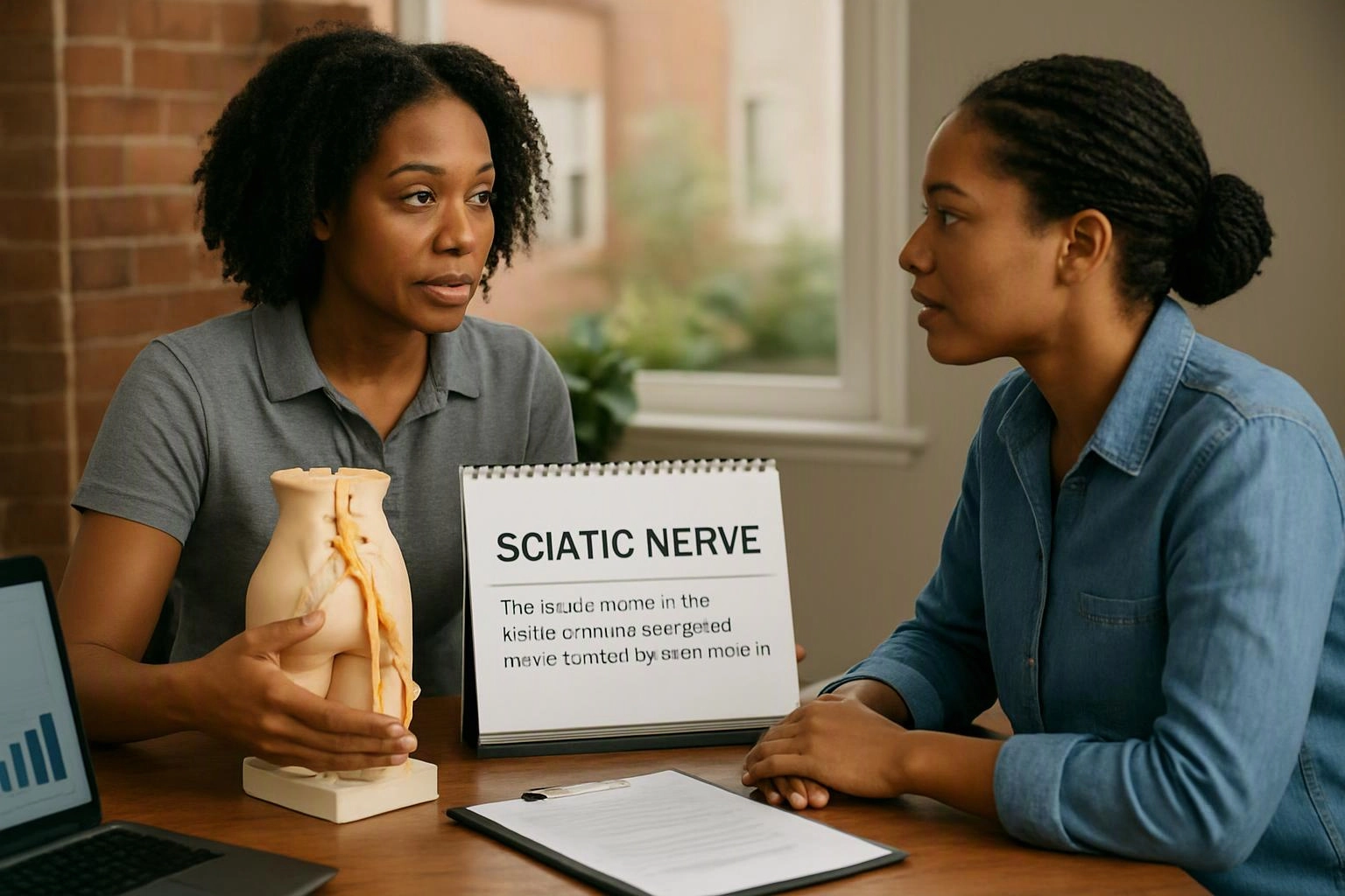 Two women discuss a sciatic nerve model and a printed chart at a table in a bright room