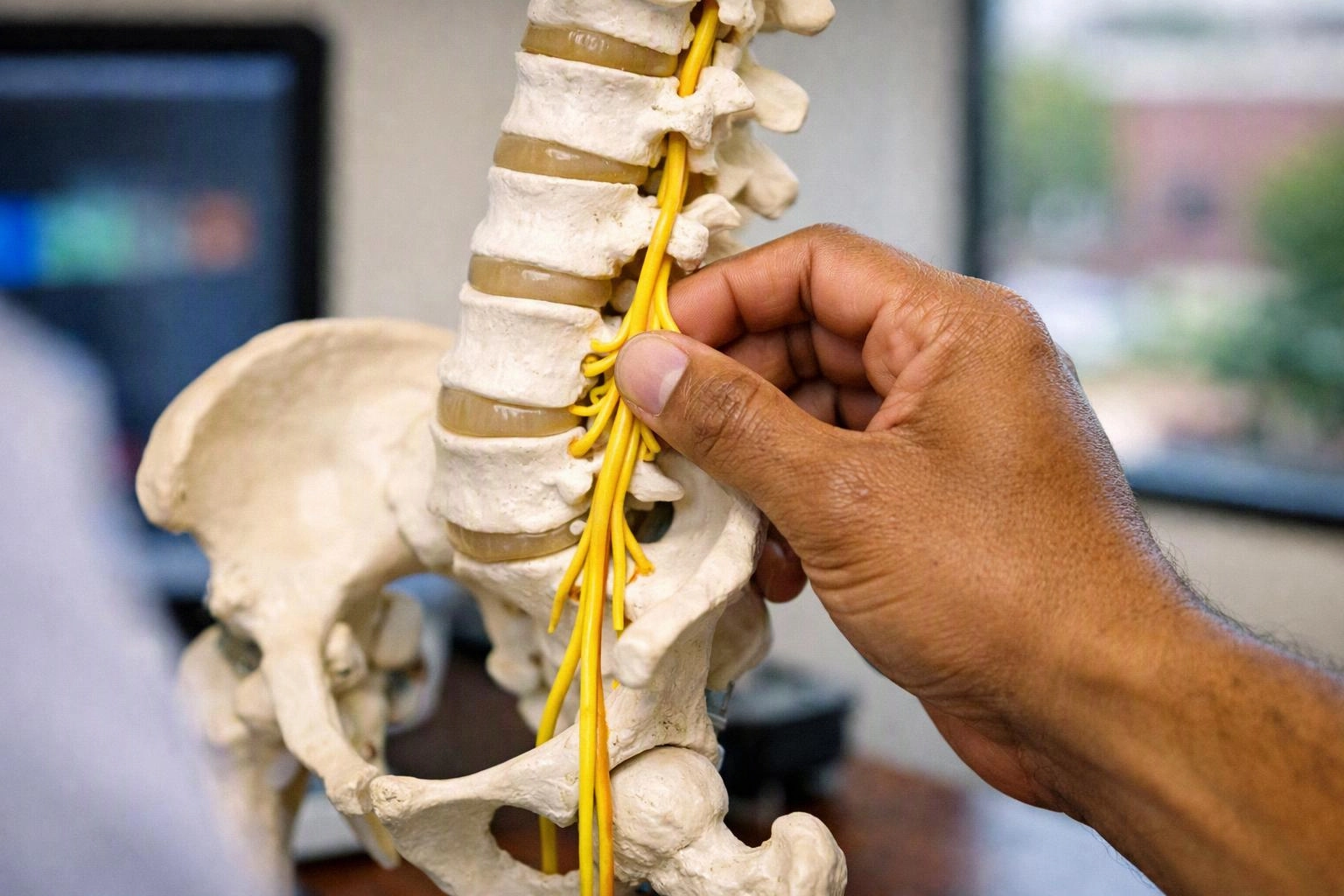 A hand touches yellow nerve cords on a spine and pelvis skeleton model in a classroom setting