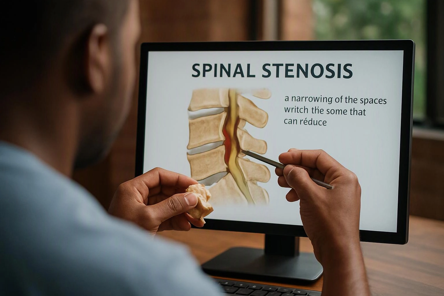 A person points at a monitor showing a spinal stenosis diagram and text, while holding a small piece of bread