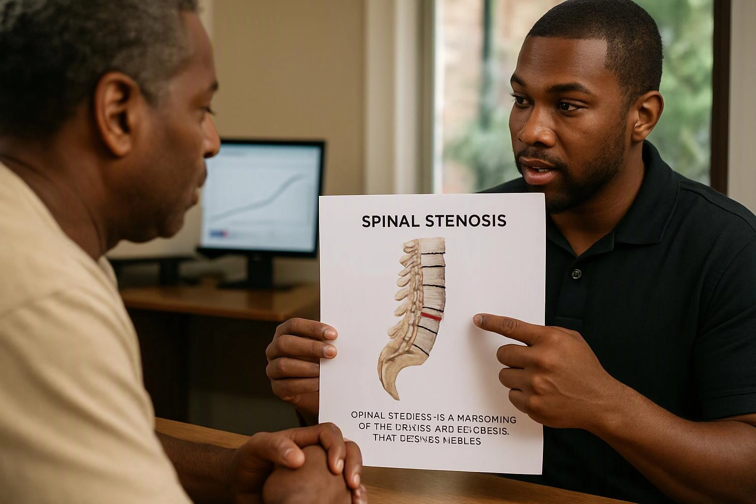 A man shows a spinal stenosis diagram to another man in a clinic office