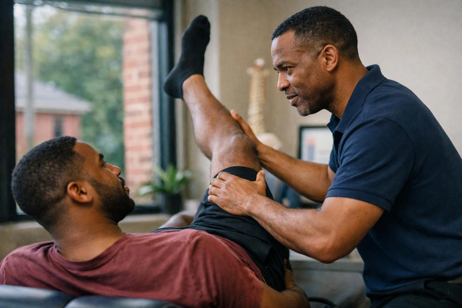 A physical therapist stretches a patient’s raised leg inside a bright clinic room