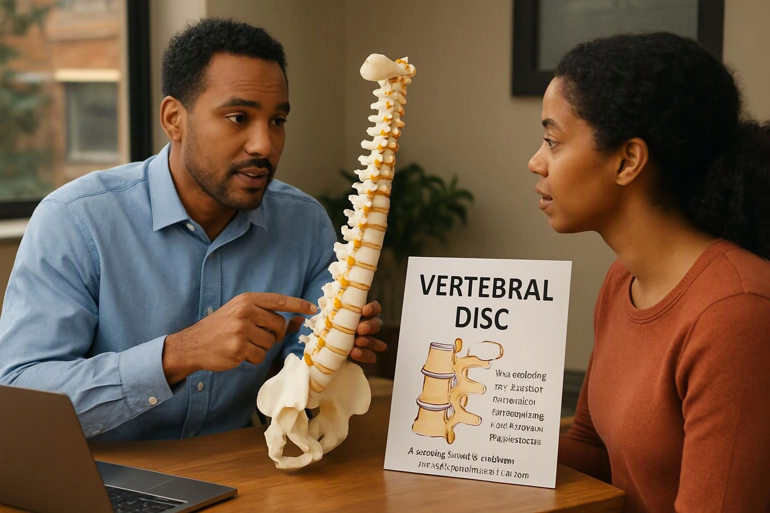 Two people discuss a spine model at a table beside a poster labeled “VERTEBRAL DISC”