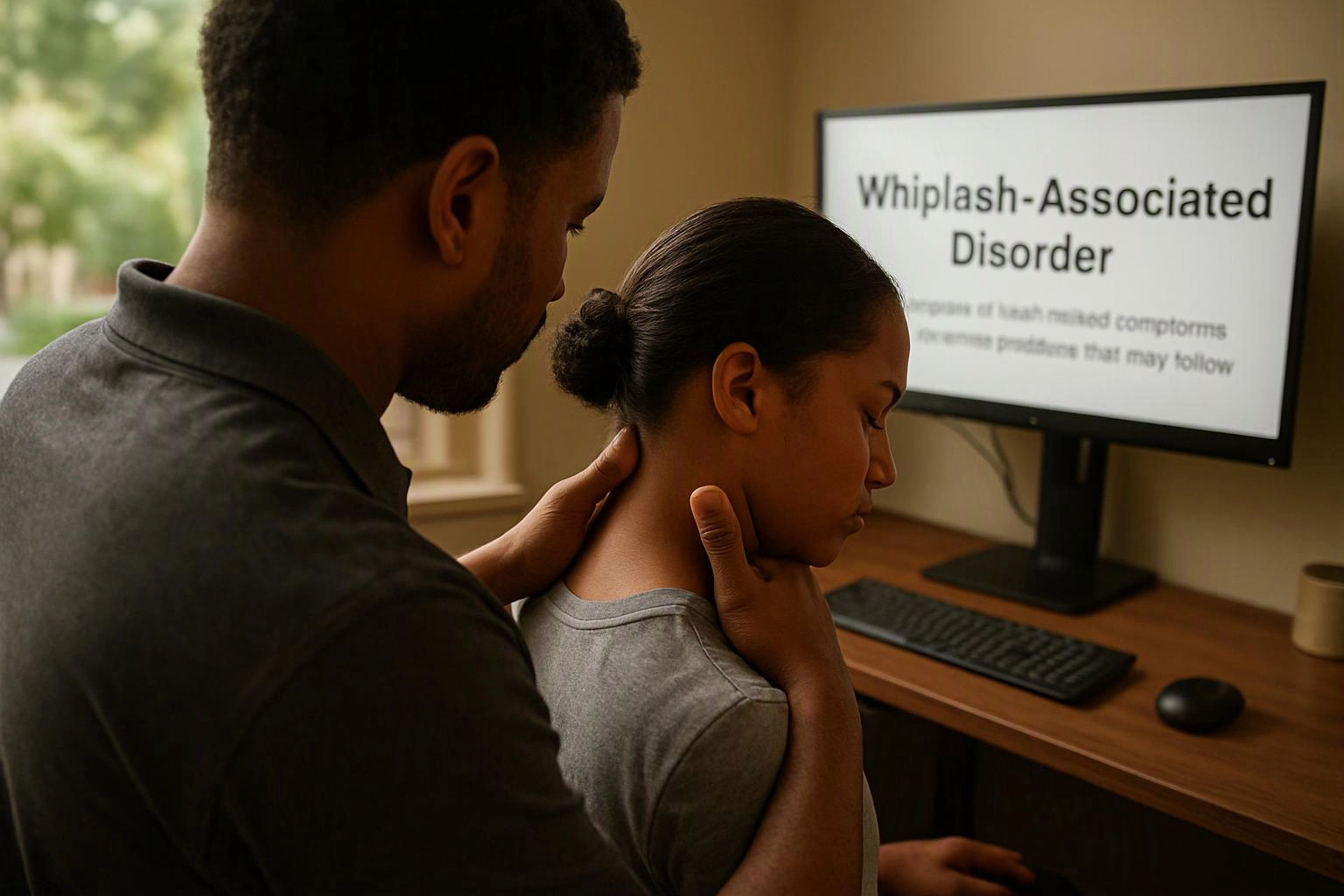 A man gently holds a woman’s neck while they face a desk monitor showing “Whiplash-Associated Disorder”