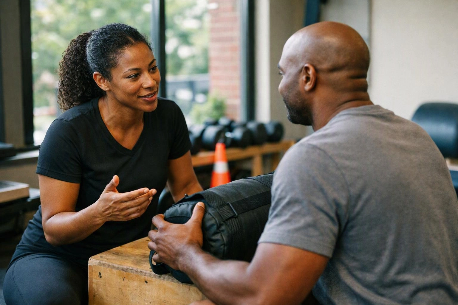 Two people sit at a wooden table in a gym, talking while one holds a black duffel bag