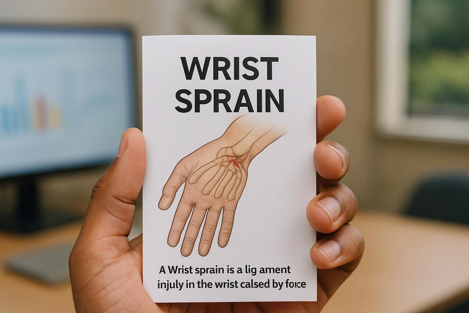 A hand holds a white card that reads “WRIST SPRAIN” with a wrist injury illustration indoors