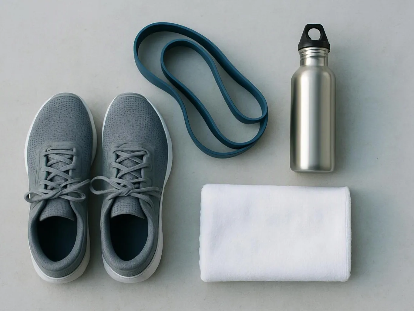 Gray running shoes, a blue resistance band, a metal water bottle, and a folded white towel on a light surface