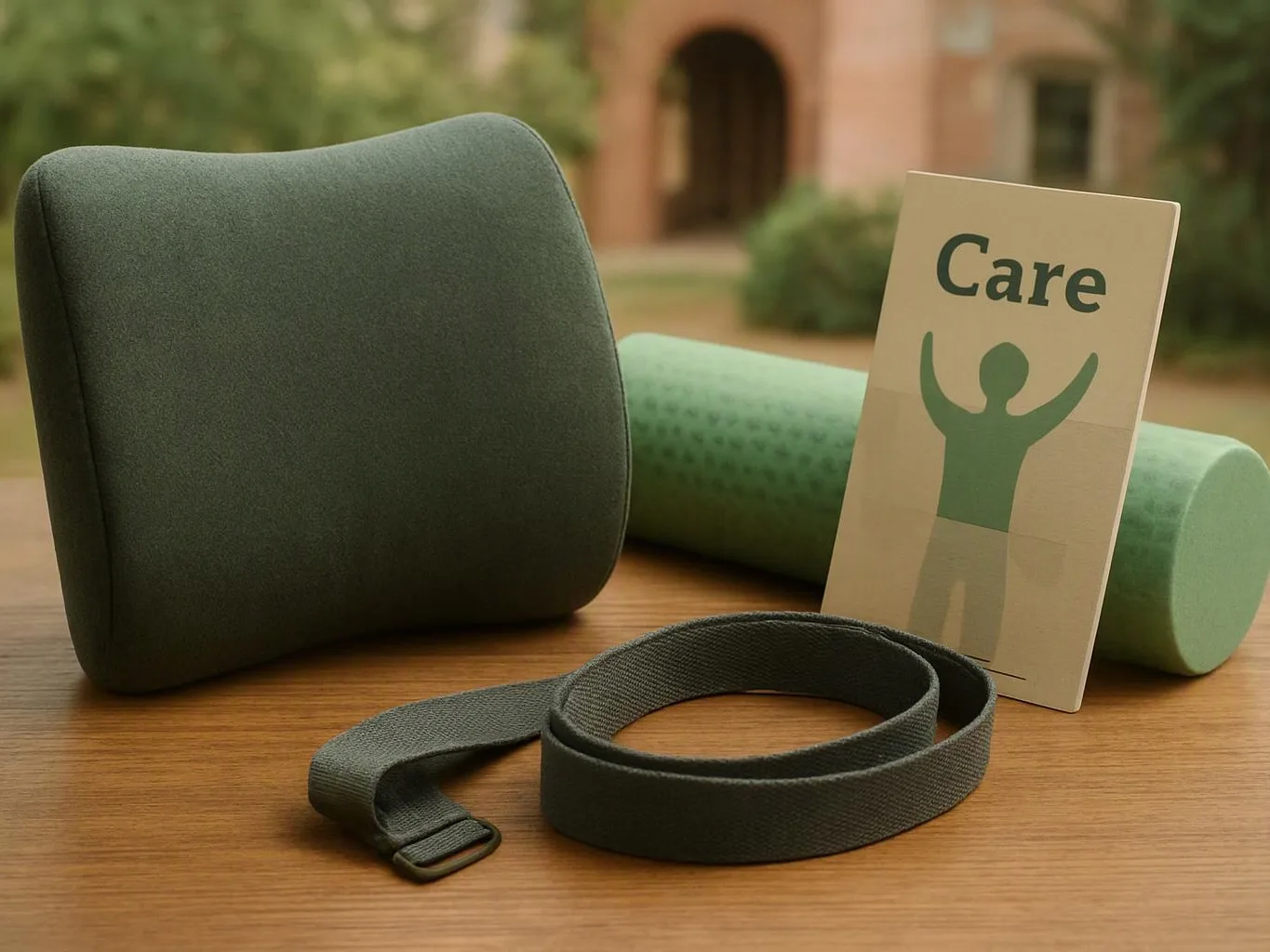 A green cushion, rolled mat, strap, and a card reading “Care” sit on a wooden table outdoors