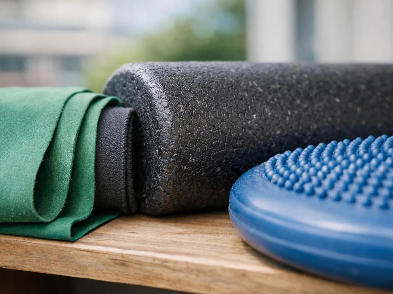 A green exercise band, black foam roller, and blue balance disc rest on a wooden shelf indoors