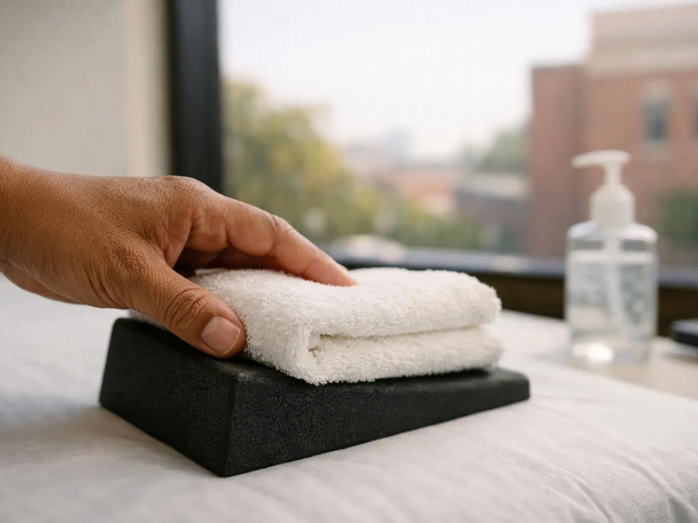 A hand folds a white towel on a black block beside a pump bottle near a window