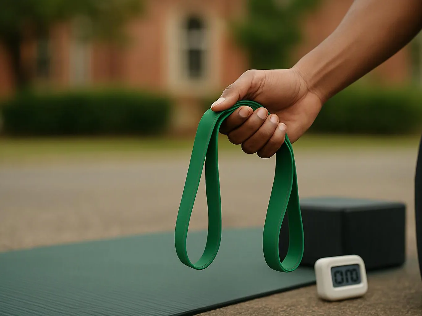 A hand holds green exercise bands above a yoga mat beside blocks and a small timer outdoors