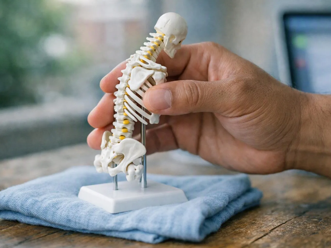 A hand holds a small human spine model on a folded blue cloth, with a blurred laptop in the background