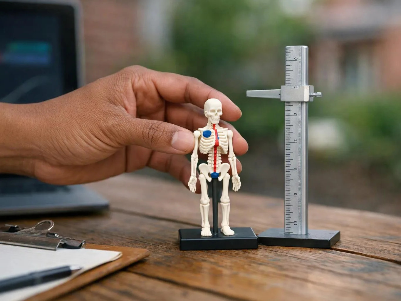 A hand holds a tiny skeleton figure beside a vertical measuring scale on a wooden table