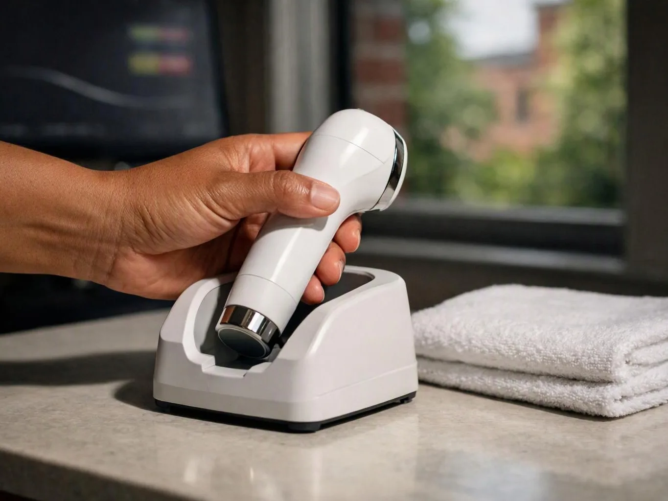 A hand places a white handheld device into a charging cradle beside folded towels on a counter