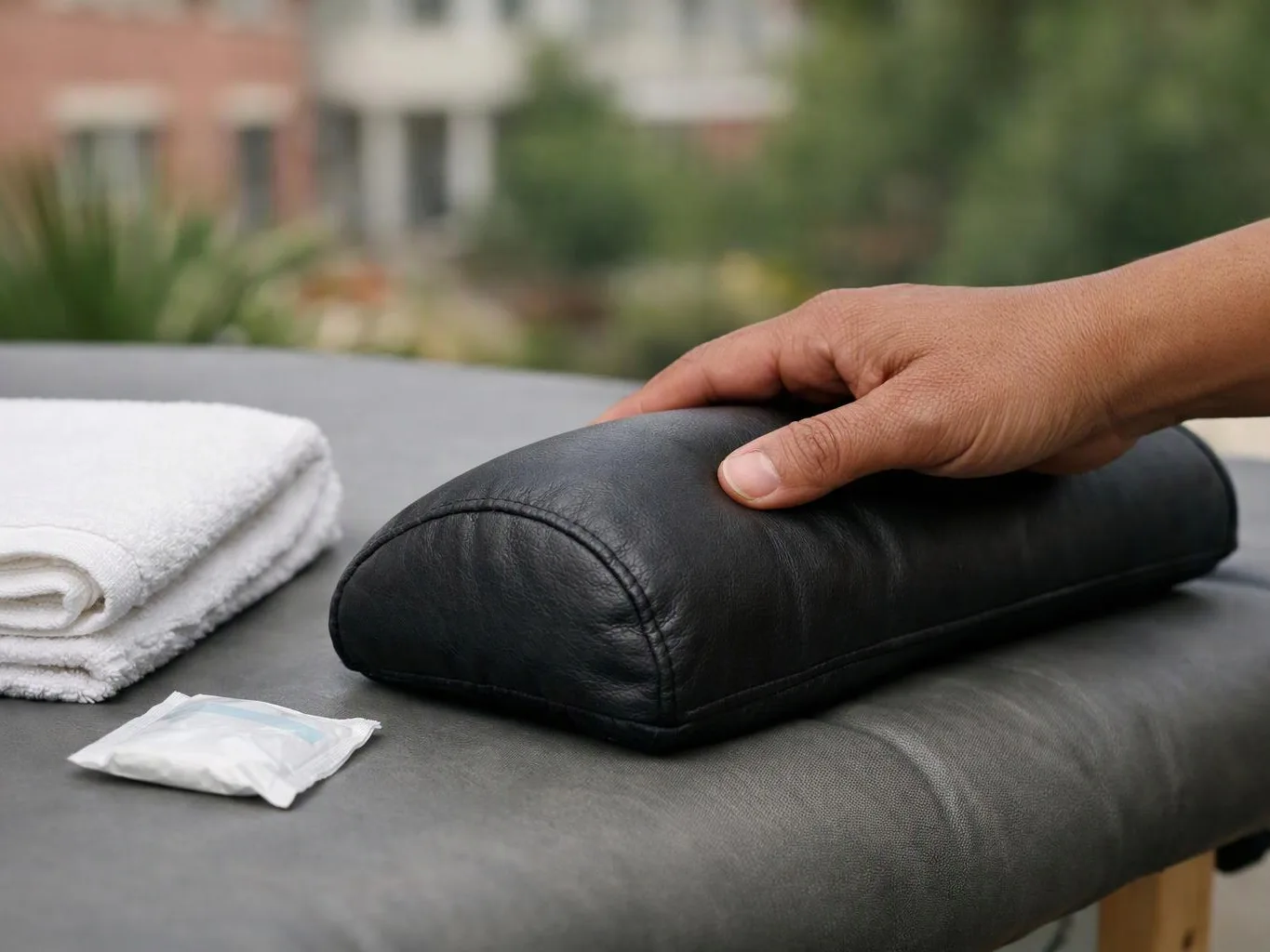 A hand presses a black cushion on a massage table beside folded towels and a small packet outdoors