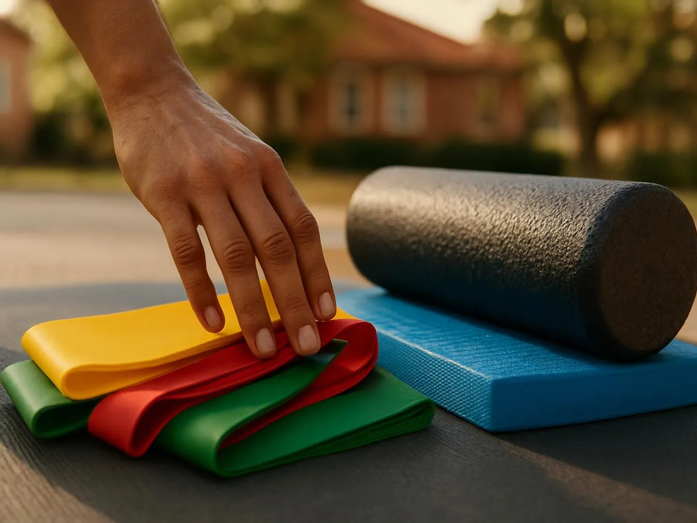 A hand reaches for stacked colorful resistance bands beside foam rollers on an outdoor table