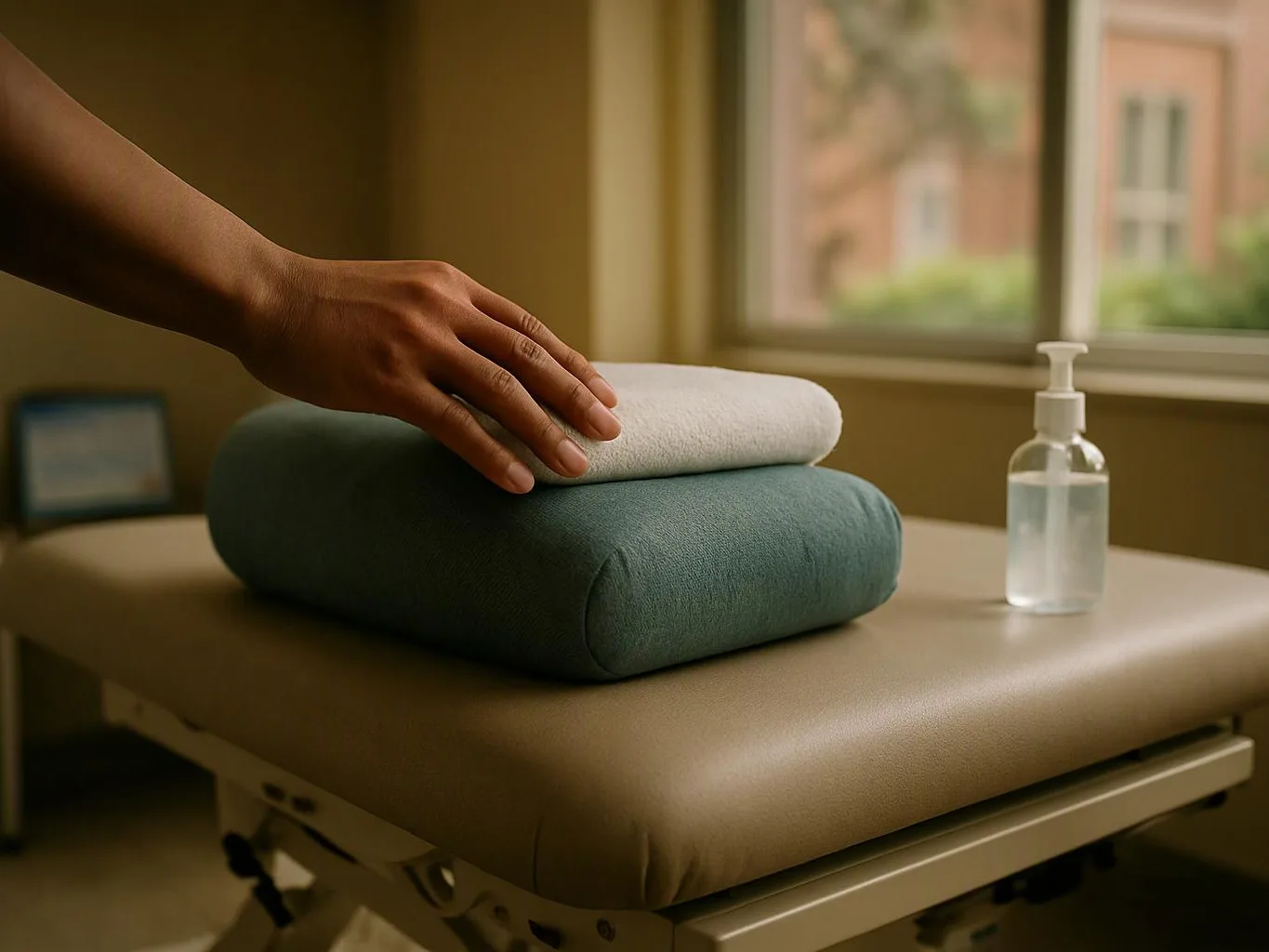 A hand rests on folded towels beside a pump bottle on a massage table by a window