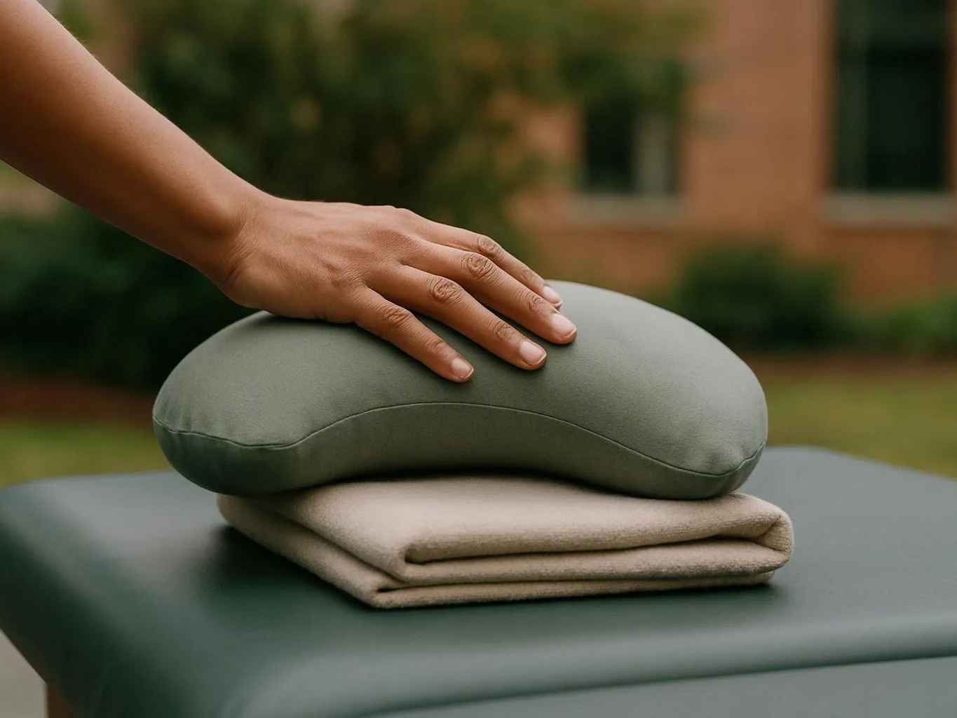 A hand rests on a green cushion stacked over a folded beige blanket outdoors
