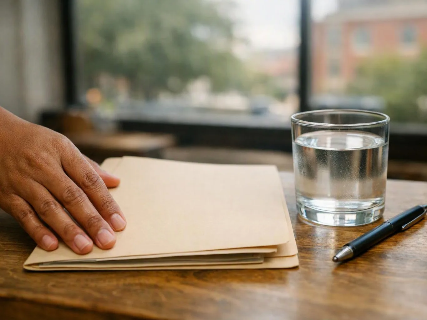 A hand rests on a manila folder beside a glass of water and a pen on a wooden table