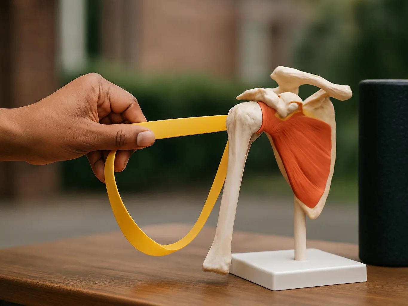 A hand stretches a yellow resistance band around a shoulder joint anatomy model on a table