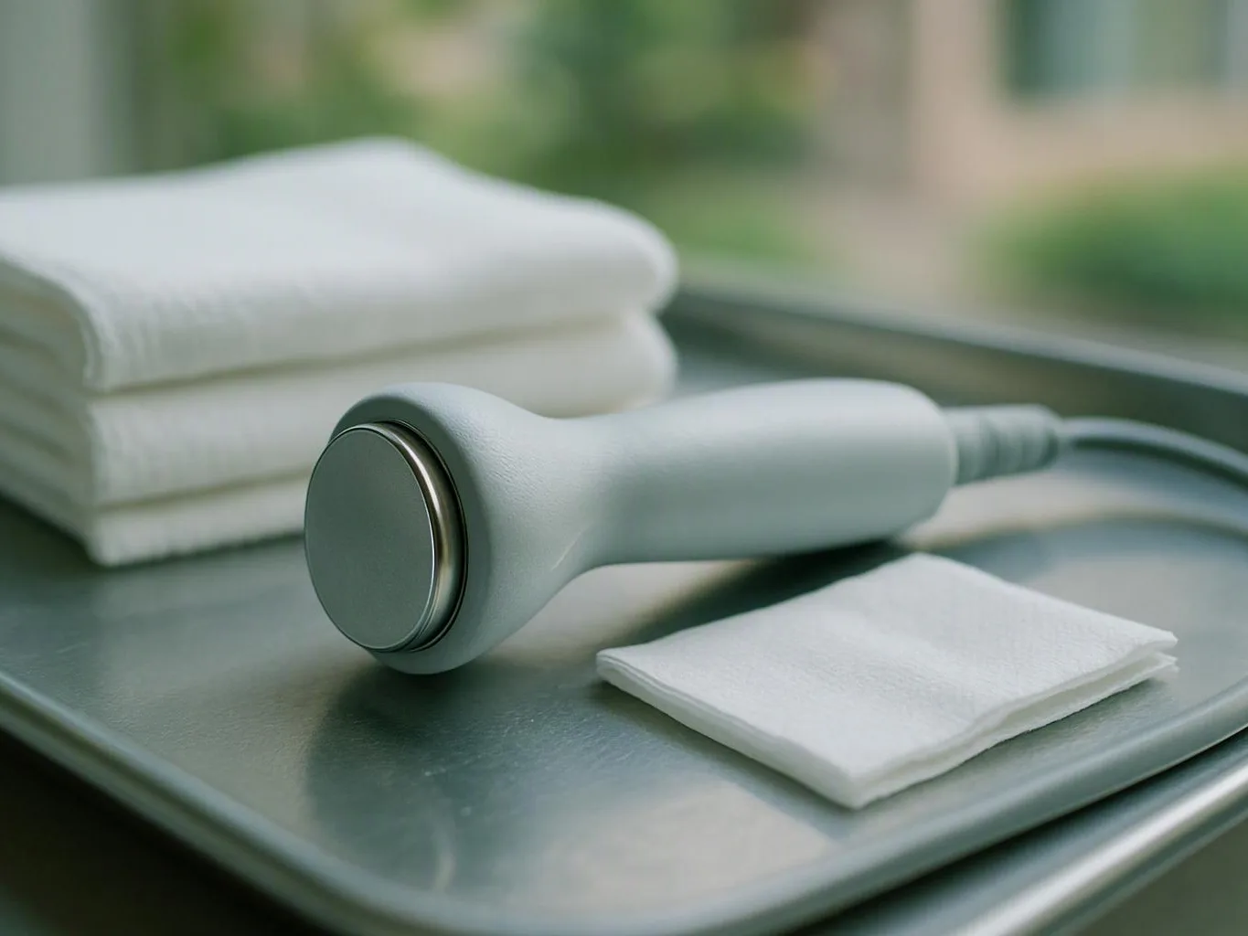 A handheld treatment device rests on a metal tray beside folded white towels and pads