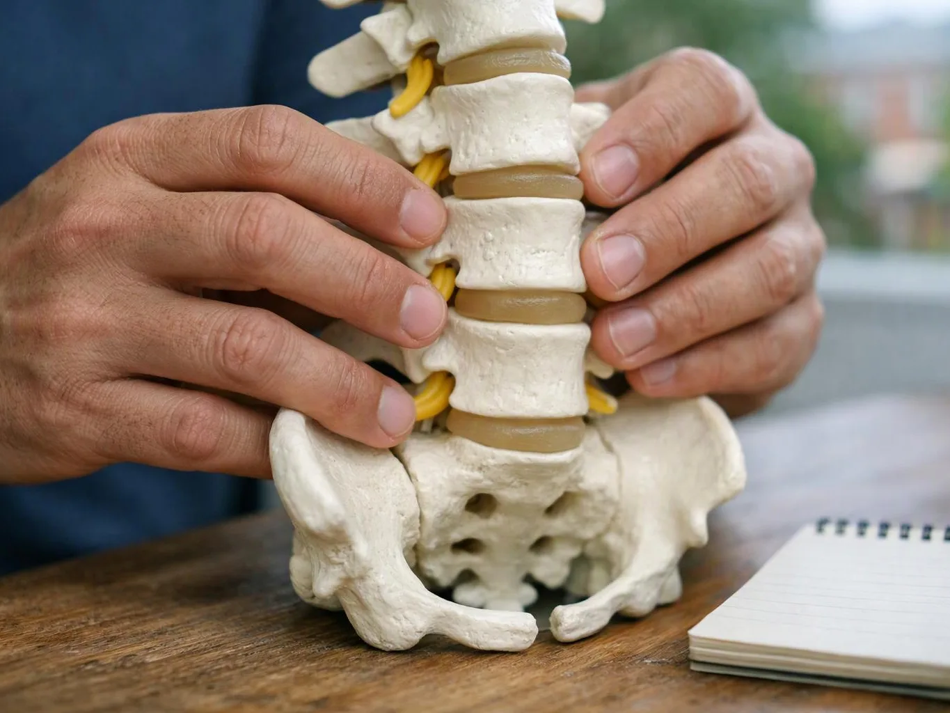 Hands hold a spine and pelvis model on a wooden table beside a notebook