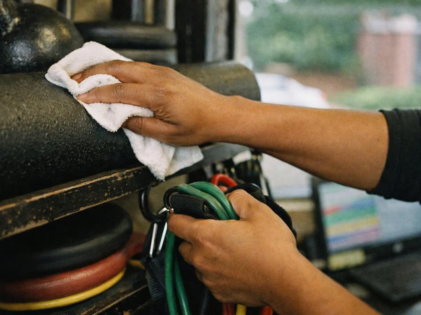 Hands wipe a black foam workout rack while holding looped resistance bands indoors