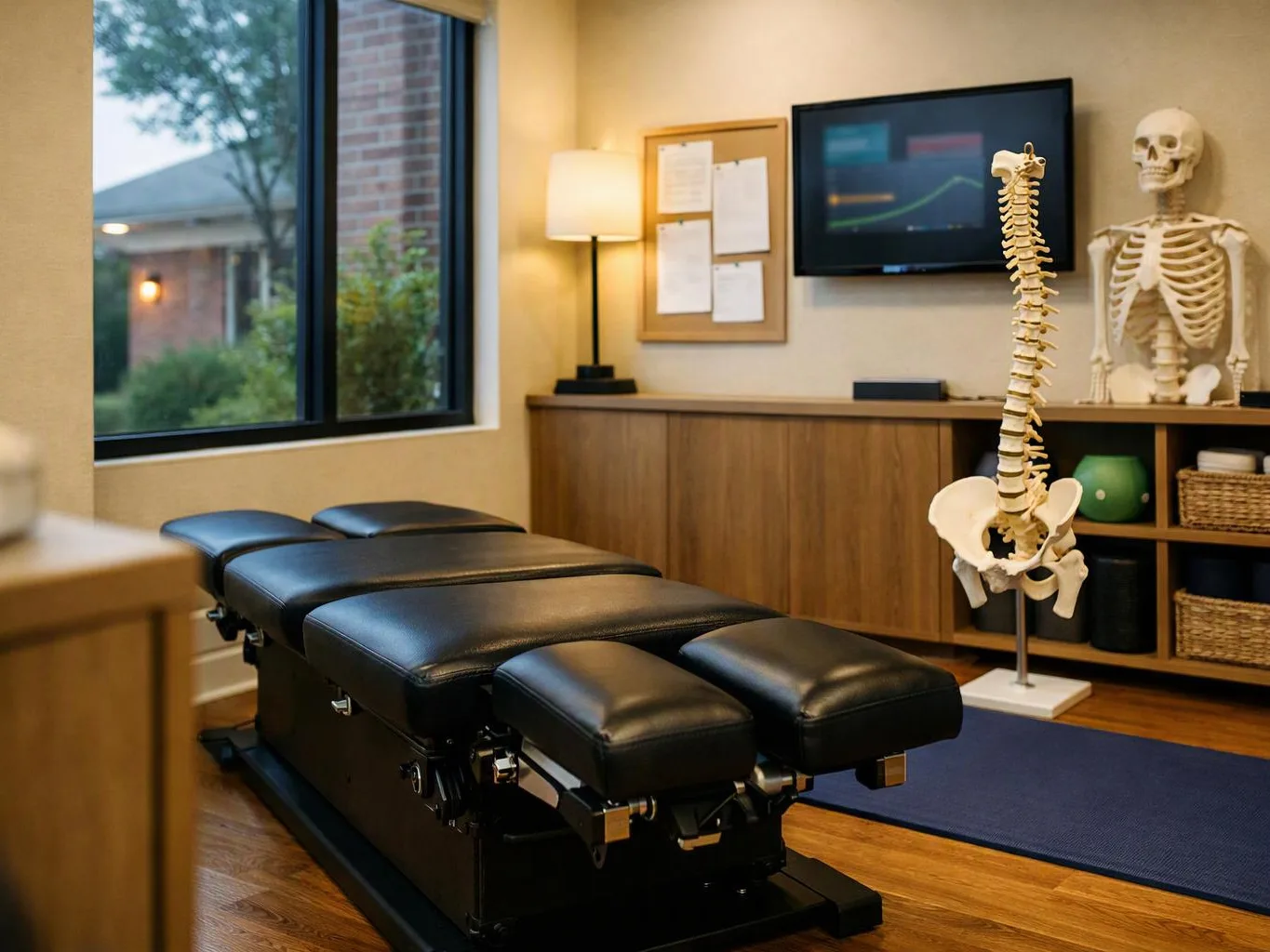 A chiropractic treatment room shows a padded table, skeleton models, a wall screen, and a window by the wood floor