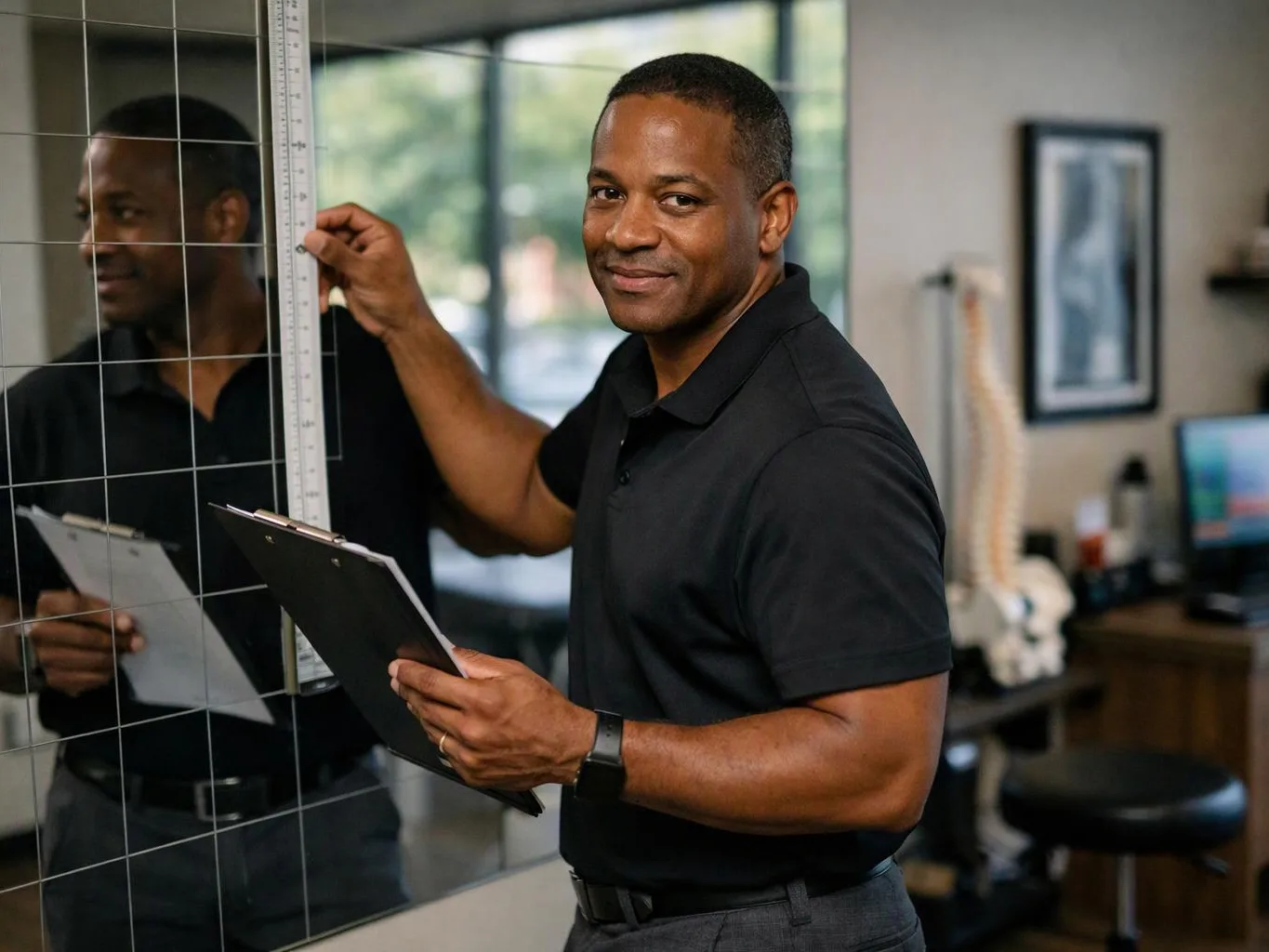 A man in a black polo measures a glass grid wall while holding a clipboard in a bright room