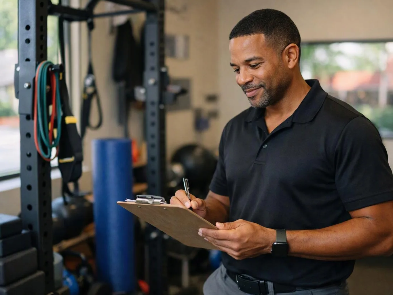 A man in a black polo writes on a clipboard in a gym with exercise equipment behind him