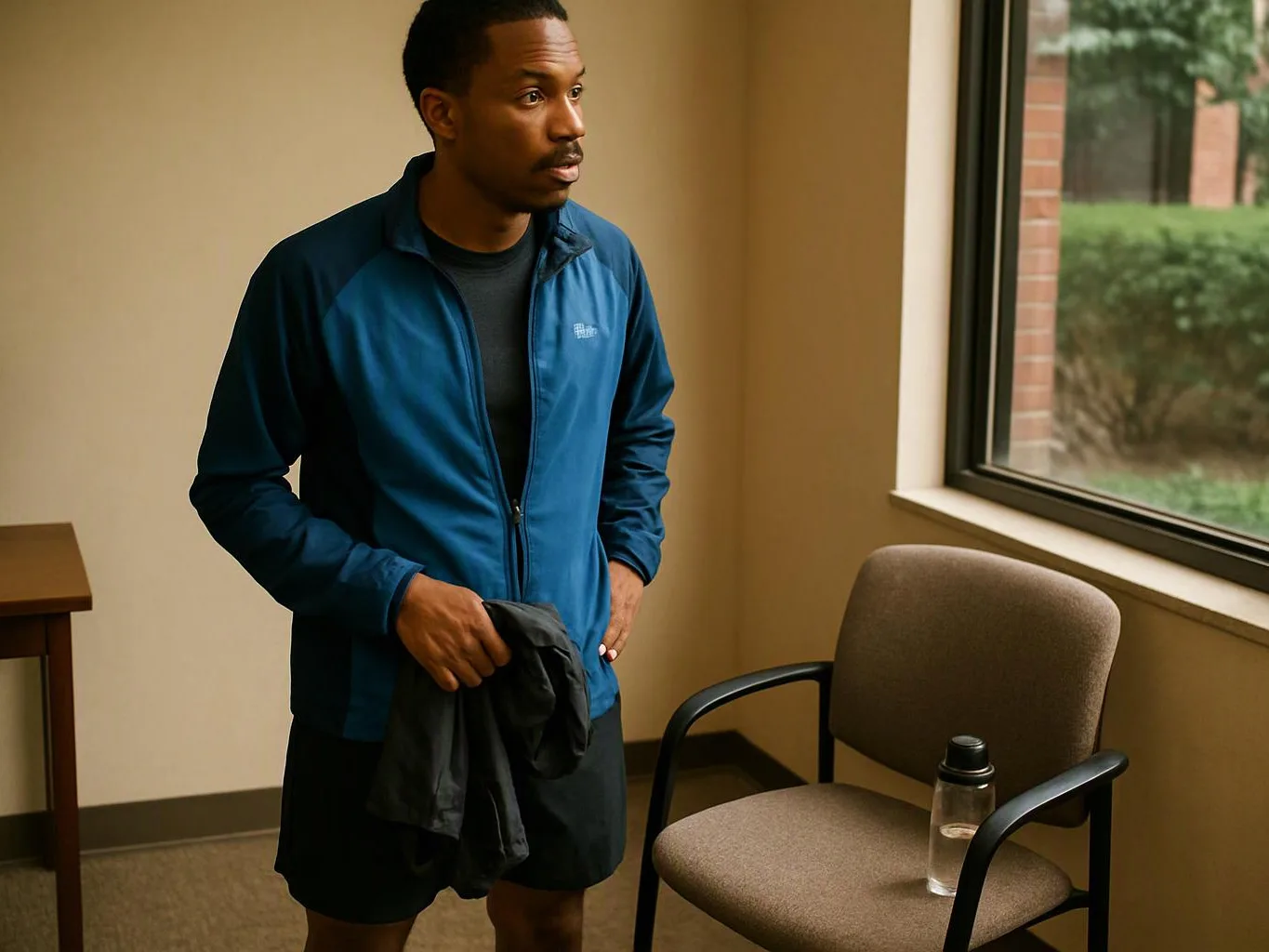 A man in a blue jacket stands by a window in a small room, holding clothing and looking right