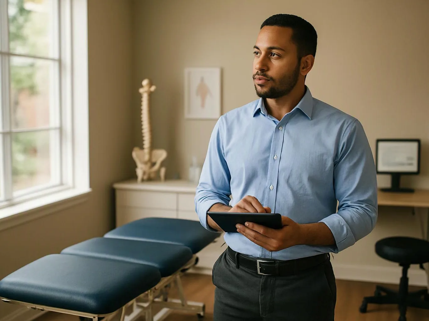 A man in a blue shirt holds a tablet in a quiet exam room with a treatment table and spine model