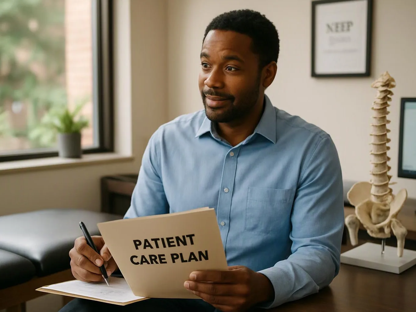 A man in a blue shirt sits at a desk, holding a folder labeled “PATIENT CARE PLAN” in a medical office